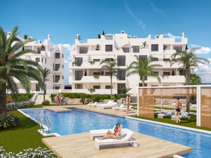Penthouse-Wohnungen mit 2 Schlafzimmern, 2 Bädern, Dachterrasse, Fußbodenheizung in Bädern und Gemeinschaftspool in sehr schönem Resort Los Alcázares 30710