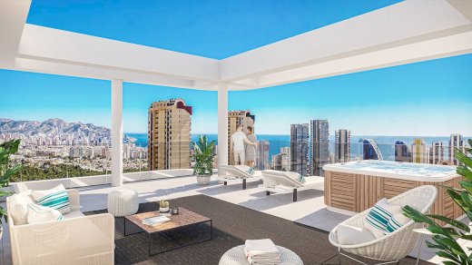 Penthouse-Wohnungen mit 4 Schlafzimmern, 2 Bädern, Gäste-WC, Klimaanlage, Fußbodenheizung, Kfz-Stellplatz und Meerblick nur 1 km vom Strand Benidorm 03502